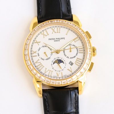 Patek Philippe Leather Strap Complications 9100 Movement 316L Steel 42mm White Dial Men Watch